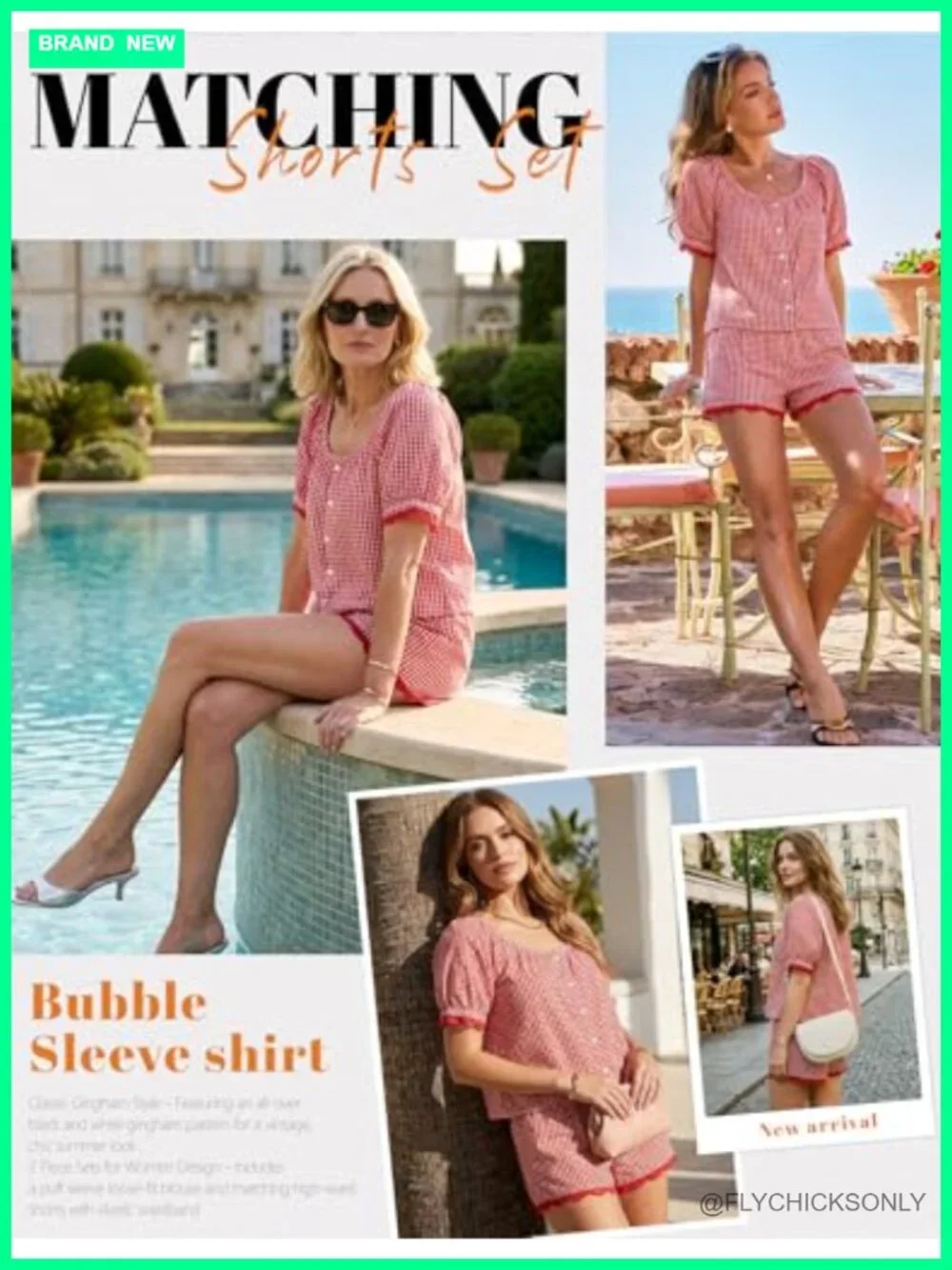 Cotton Gingham Puff Sleeve Top & Shorts Pajama Set Women's Matching Loungewear